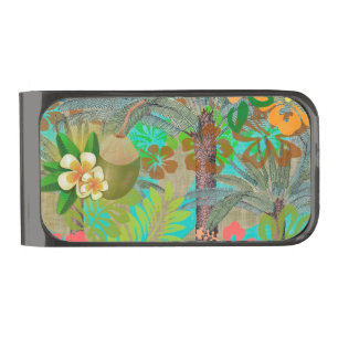Hawaii Flower Hula Vintage Floral Graphic Gunmetal Finish Money Clip