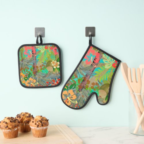 Hawaii Flower Hula Vintage Floral Graphic Oven Mitt  Pot Holder Set