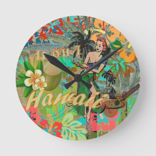 Hawaii Flower Hula Vintage Floral Graphic Round Clock