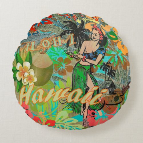 Hawaii Flower Hula Vintage Floral Graphic Round Pillow