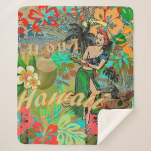 Hawaii Flower Hula Vintage Floral Graphic Sherpa Blanket
