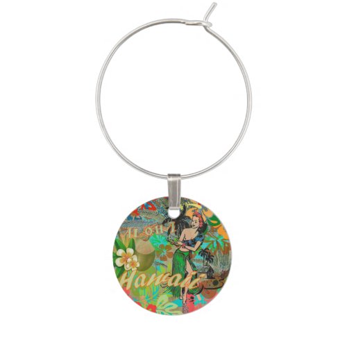 Hawaii Flower Hula Vintage Floral Graphic Wine Charm