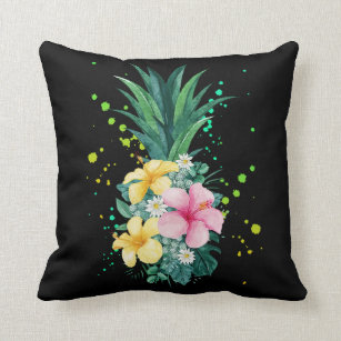 Hawaii Flower Pineapple Art Vacation Throw Pillow