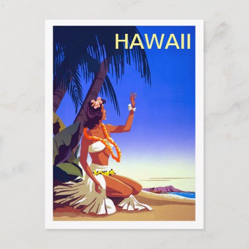 Hawaii girl on tropic isle vintage travel postcard