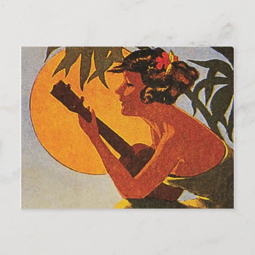 Hawaii girl playing ukulele on romantic sunset postcard