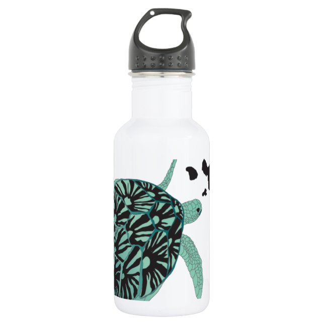 Hawaii green Sea Turtle and Hawaii Islands Stainless Steel Water Bottle (Front)