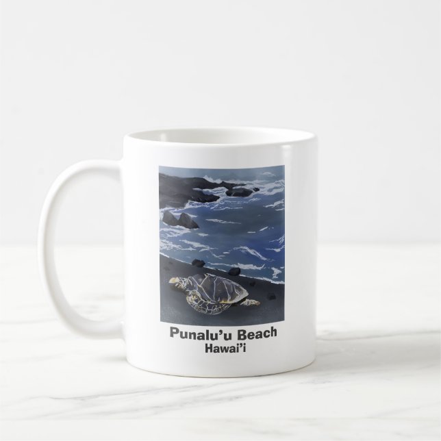 Hawaii Green Sea Turtle on Black Sand Beach  Coffe Coffee Mug (Left)
