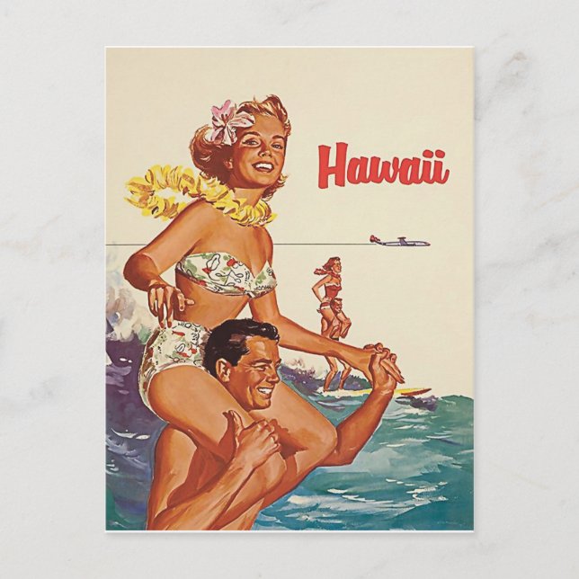 Hawaii, happy surfing couple, vintage travel postcard (Front)