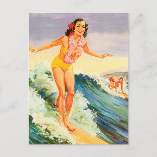 Hawaii Hawaian surfer girl on a big wave vintage Postcard