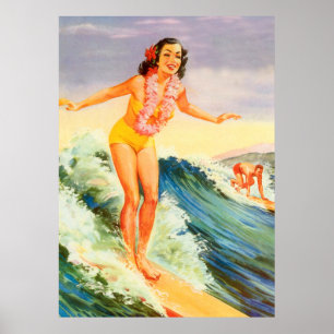 Hawaii, Hawaian surfer girl on a big wave, vintage Poster