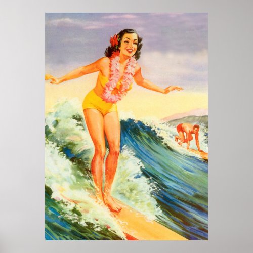 Hawaii Hawaian surfer girl on a big wave vintage Poster