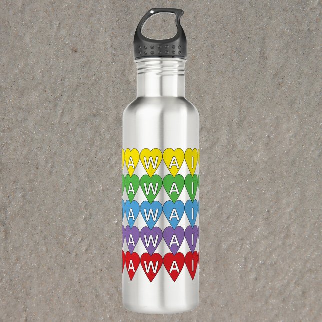 Hawaii Heart Pattern Rainbow Stainless Steel Water Bottle (A water bottle that says Hawaii with yellow, green, blue, purple and red hearts)