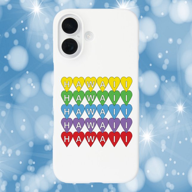 Hawaii Hearts Pattern Rainbow Iphone Case (A phone case with a rainbow heart pattern that says Hawaii.)