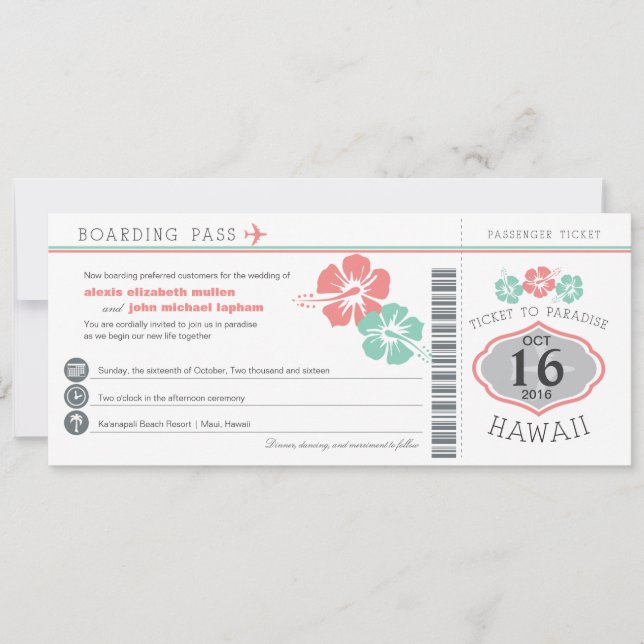 Hawaii Hibiscus Boarding Pass Wedding Invitation (Front)