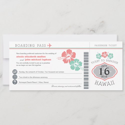 Hawaii Hibiscus Boarding Pass Wedding Invite