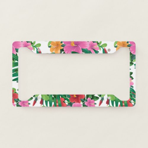 Hawaii Hibiscus Flower Pattern White  License Plate Frame