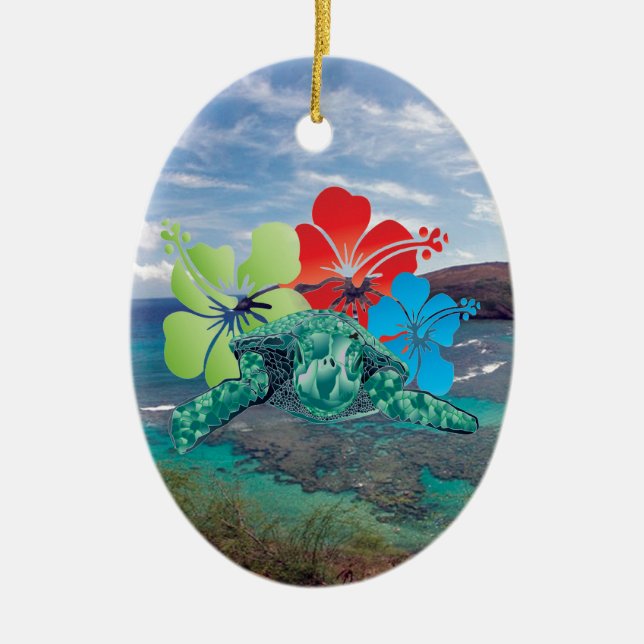 Hawaii Hibiscus Flowers and Turtle Ceramic Ornament (Front)
