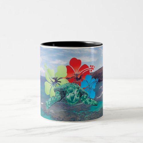 Hawaii Hibiscus Flowers and Turtle Two_Tone Coffee Mug