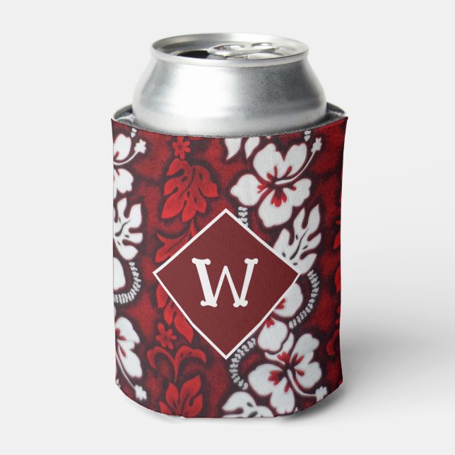 Hawaii Hibiscus Flowers Luau Party Monogram Can Cooler (Can Front)