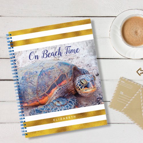 Hawaii Honu Sea Turtle On Beach Time Script Gold Notebook