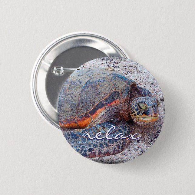 Hawaii Honu Sea Turtle Photo Relax Script Bold Button (Front & Back)