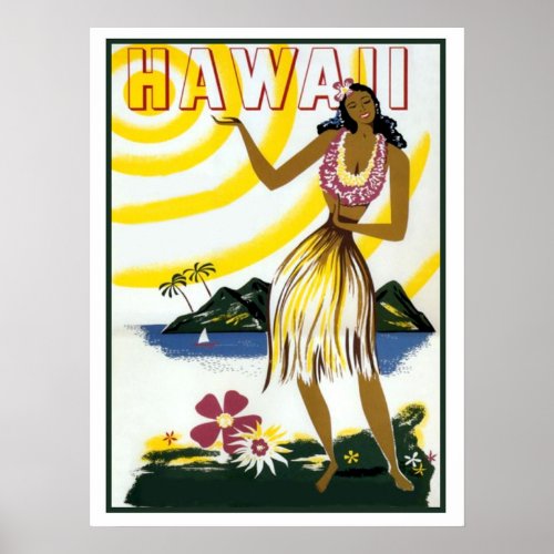 Hawaii hula girl isle vintage travel poster