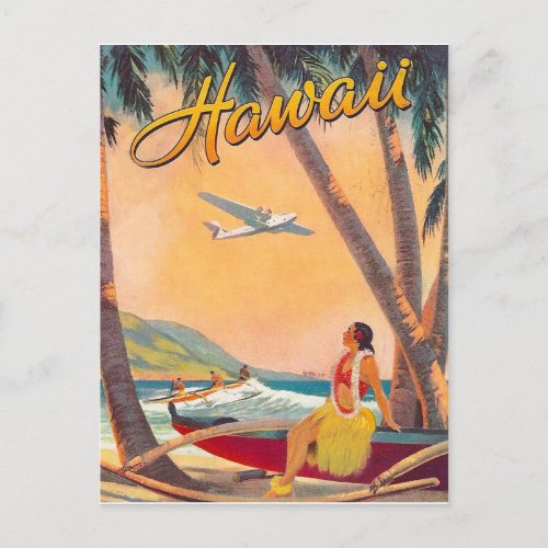 Hawaii hula girl on tropic coast vintage airline postcard