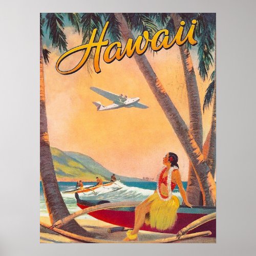 Hawaii hula girl on tropic coast vintage airline poster