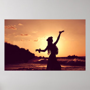 Hawaii, hula girl silhouette on sunset, photo poster