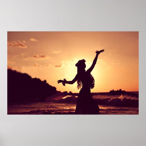 Hawaii hula girl silhouette on sunset photo poster
