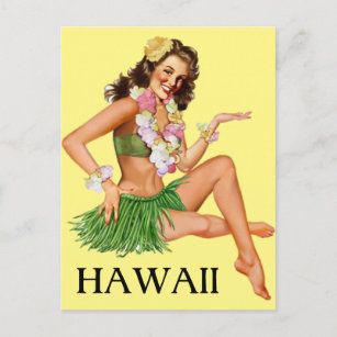 HULA DANCER Hawaii Grass Skirt Lei c1950s Chrome Vintage Postcard