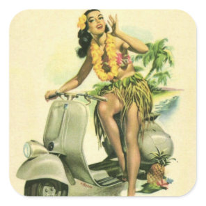 HAWAII HULA GIRL WITH SCOOTER VINTAGE TRAVEL SQUARE STICKER