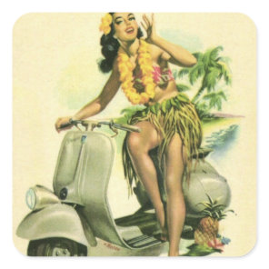HAWAII HULA GIRL WITH SCOOTER VINTAGE TRAVEL SQUARE STICKER