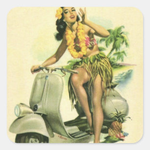 HAWAII HULA GIRL WITH SCOOTER VINTAGE TRAVEL SQUARE STICKER