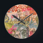 Hawaii Hula Travel Flower Vintage Round Clock<br><div class="desc">This Hawaii travel collage is based on vintage images from Hawaii,  including a hula girl,  palm trees,  tropical hibiscus flowers,  Hawaiian fish,  shells,  and a pineapple. For a unique Hawaiian gift,  this Hawaii vintage collage is perfect for the Hawaiian traveler in your life.</div>
