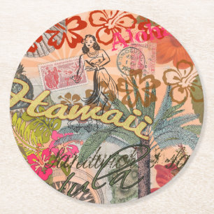 Hawaii Hula Travel Flower Vintage Round Paper Coaster
