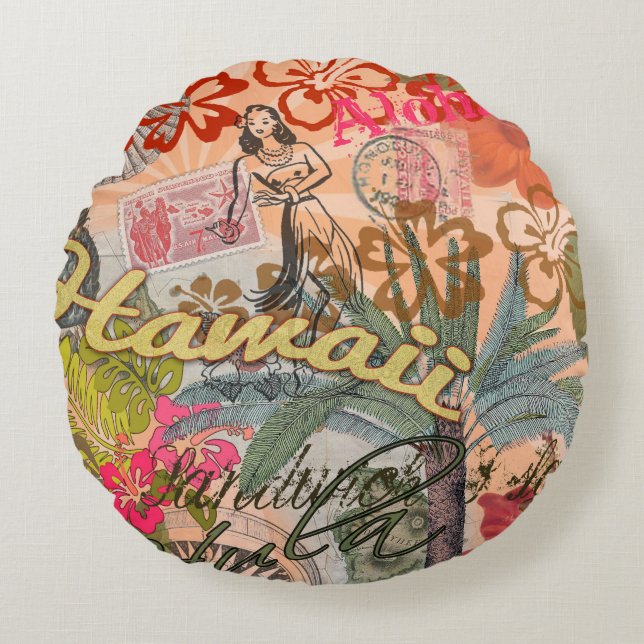 Hawaii Hula Travel Flower Vintage Round Pillow (Front)
