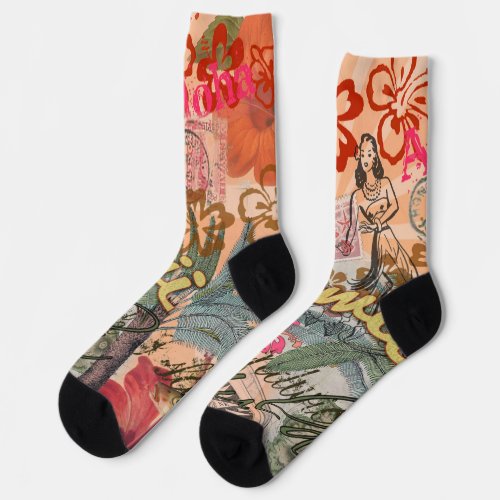 Hawaii Hula Travel Flower Vintage Socks