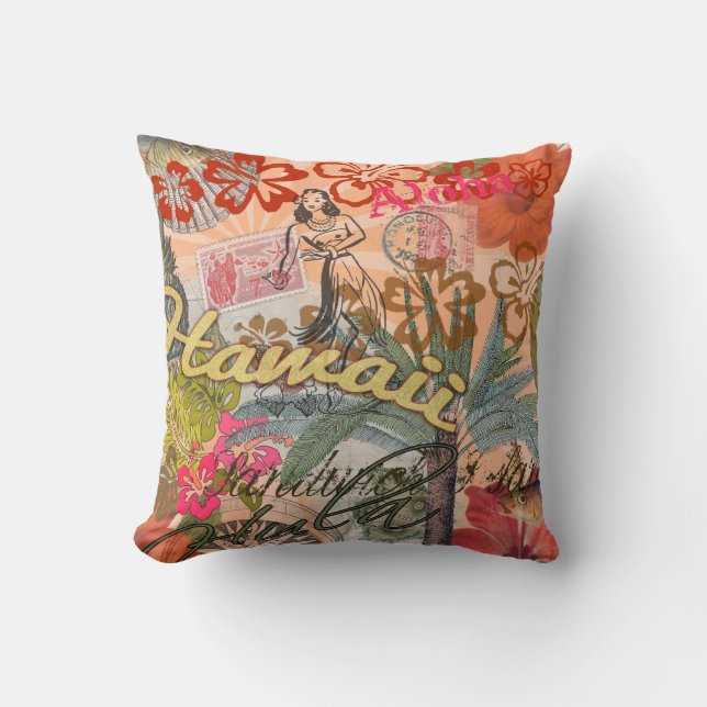 Hawaii Hula Travel Flower Vintage Throw Pillow (Front)