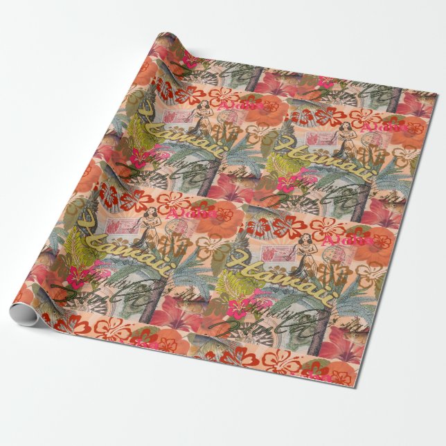 Hawaii Hula Travel Flower Vintage Wrapping Paper (Unrolled)