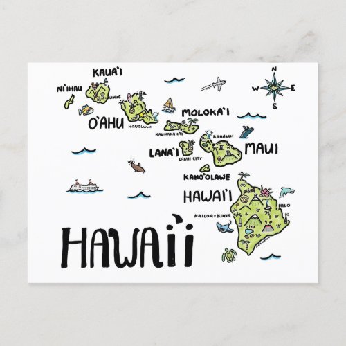 Hawaii Illustrated Map Postcard