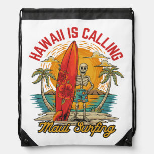 Hawaii Is Calling Maui Surfing Island Vibes Drawstring Bag