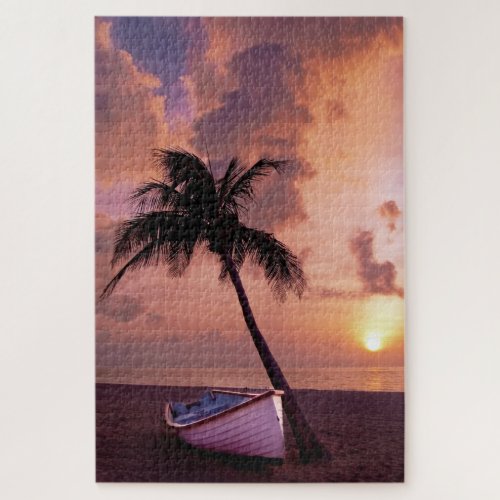 Hawaii Island Travel Beach Sunset Palm Tree Boat Jigsaw Puzzle