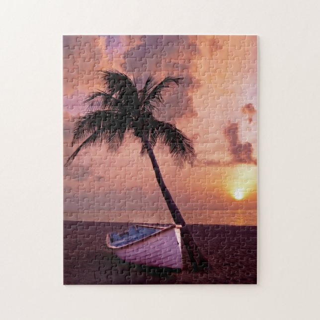 Hawaii Island Travel Beach Sunset Palm Tree Boat Jigsaw Puzzle (Vertical)