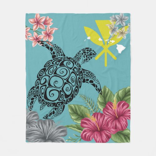 Hawaii Kanaka Turtle Hibiscus Plumeria Tropical Fleece Blanket