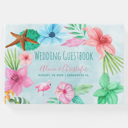 Hawaii luau floral tropical wreath beach wedding guest book