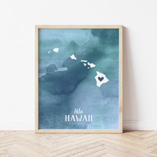 Hawaii Map Blue Watercolor Personalized Art Print