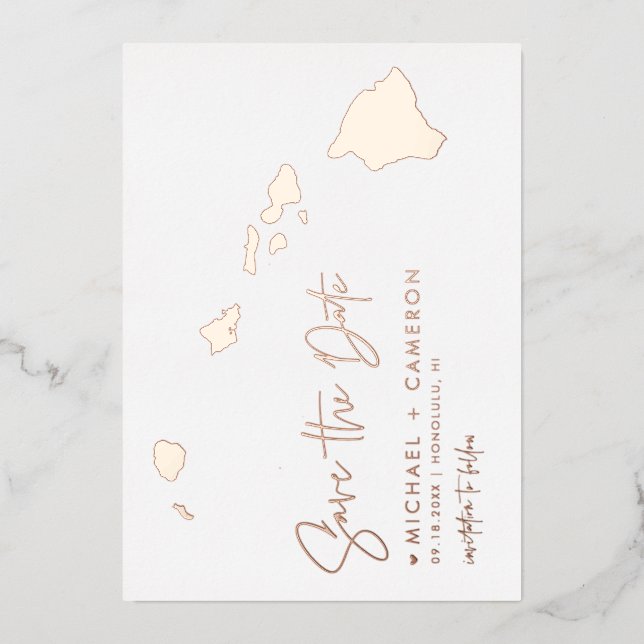 Hawaii Map Minimalist Save The Date Rose Gold  Foil Invitation (Front)