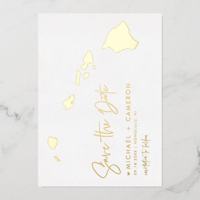 Hawaii Map Minimalist Script Photo Save The Date Foil Invitation (Front)