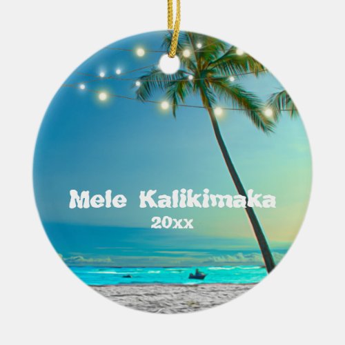 Hawaii Mele Kalikimaka Photo 2 Palms String Lights Ceramic Ornament